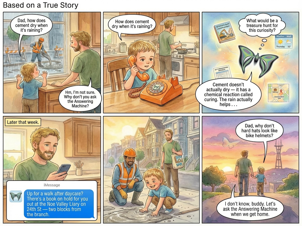 Comic strip panels 1-3: A boy asks his dad how cement dries in the rain. Dad suggests asking the Answering Machine. The boy picks up an orange rotary phone, and a butterfly AI begins searching for books, weather, and construction schedules. panels 4-6: Dad receives a text suggesting a library book and nearby construction site. The boy presses his hands into wet cement. Walking home at sunset past Sutro Tower, the boy asks why hard hats don't look like bike helmets. Dad says let's ask the Answering Machine when we get home.